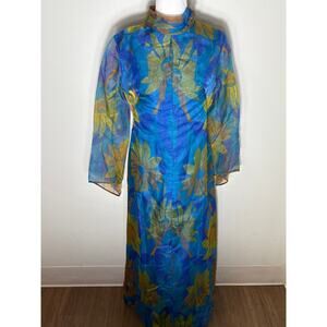 Gina Gaye Blue and Green Floral Overlay Maxi Dress Sz S/M